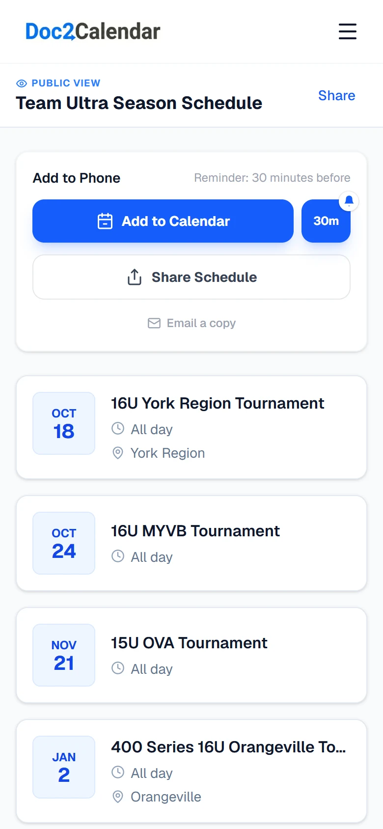 The Doc2Calendar schedule page on an iPhone showing "Team Ultra Season Schedule" with an Add to Calendar button, a 30-minute reminder, Share Schedule, Email a copy, and a list of tournaments with date badges such as Oct 18 16U York Region Tournament