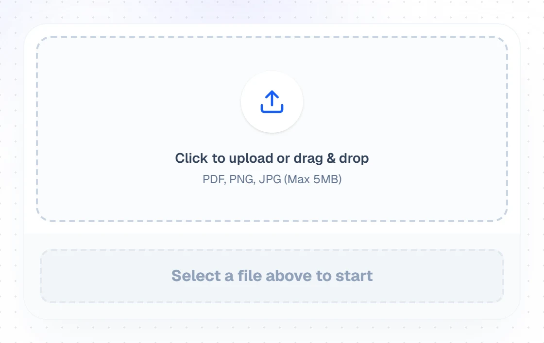 The Doc2Calendar upload box: a dashed drop zone with an upload icon reading "Click to upload or drag & drop - PDF, PNG, JPG (Max 5MB)" above a "Select a file above to start" button